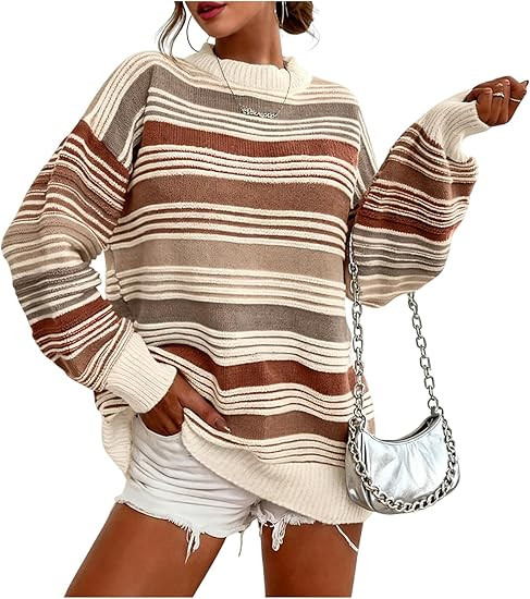 Wyeysyt Womens Striped Pullover Sweaters Fall Oversized Knit Sweaters Crewneck Long Sleeve Loose ... | Amazon (US)