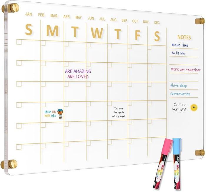 Large Acrylic Calendar for Wall, 24" X 16" Golden Clear Acrylic Wall Calendar, Clear Wet & Dry Er... | Amazon (US)