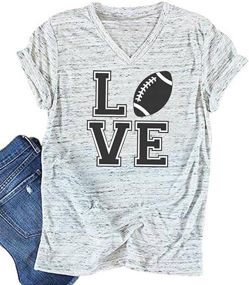 Women Love Football Shirts Rugby Ball Graphic Tee Shirt Game Day Soccer Vneck Tops | Amazon (US)