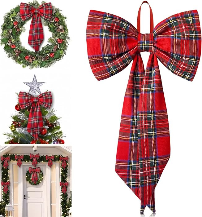 Large Red Tartan Christmas Bow, Plaid Christmas Ornaments, 12'' x 20'' | Amazon (US)
