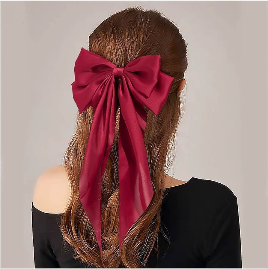Vintage Silky Large Bow Hair Barrettes Red Satin Bow Hair Clip Long Tail Satin Ribbon Bow Haircli... | Amazon (UK)