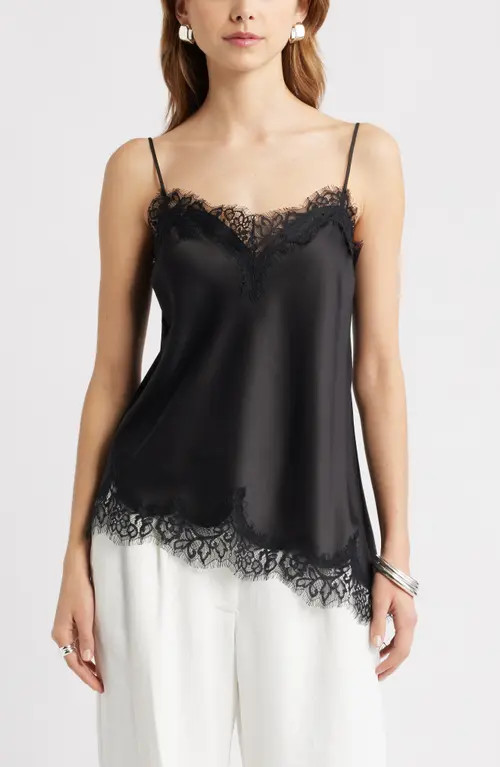 Open Edit Lace Trim Satin Camisole in Black at Nordstrom, Size Medium | Nordstrom