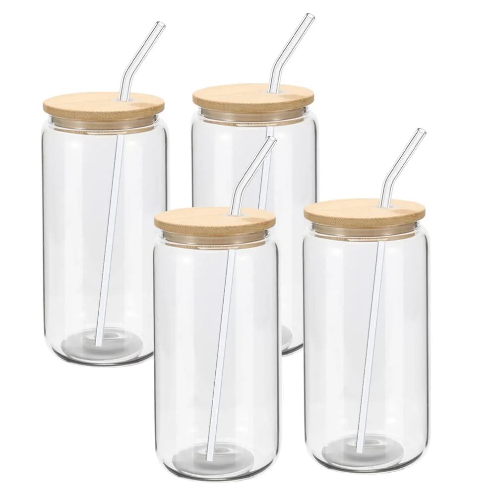 4 Pack Beer Can Glass with Bamboo Lids and Glass Straws 16oz Beer Can Shaped Drinking Glasses Cup... | Walmart (US)