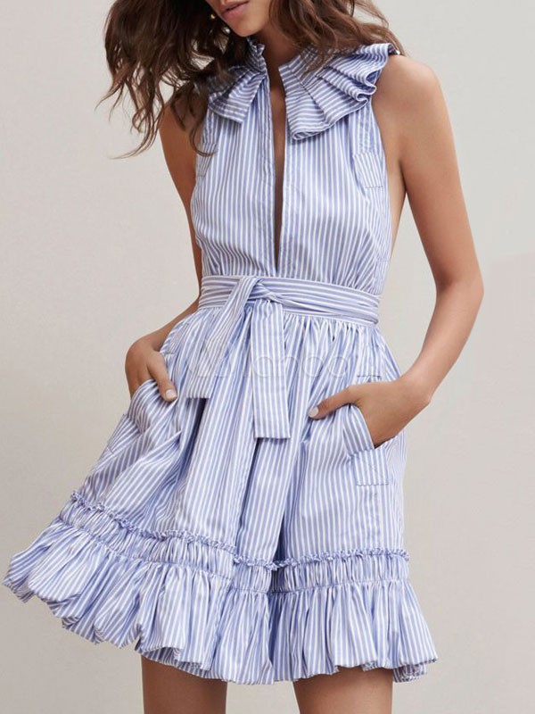 Blue Skater Dress Striped Embellished Collar Sleeveless Cut Out Ruffle Short Dress | Milanoo