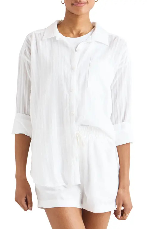 Splendid Bloom Embroidered Stripe Cotton Button-Up Shirt in White at Nordstrom, Size X-Large | Nordstrom