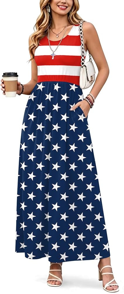 For G and PL Womens 4th of July Maxi Dress American Flag Sleeveless Long Dress with Pockets | Amazon (US)
