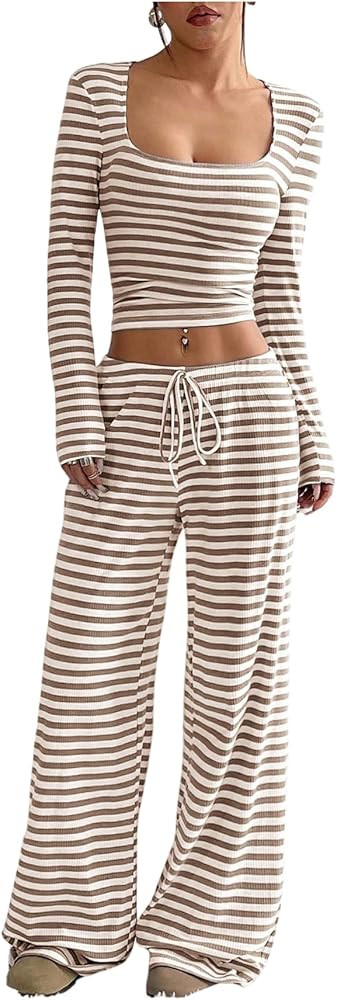 GORGLITTER 2 Piece Set Women Outfit Striped Wide Leg Pant Lounge Sets Sweatsuit Set for Women | Amazon (CA)