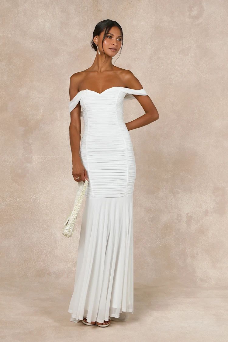 Divinely Romantic White Mesh Off-the-Shoulder Mermaid Maxi Dress | Lulus