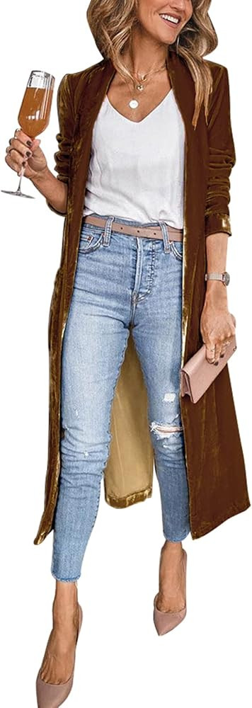 Arssm Women's Long Velvet Cardigan Jacket Lapel Collar Open Front Cardigan Sweater | Amazon (US)