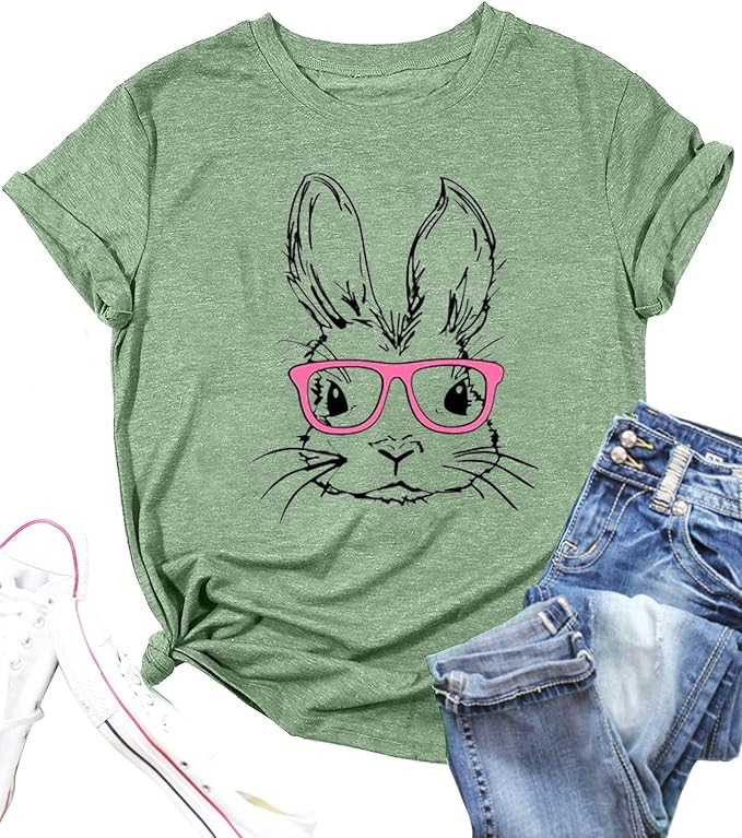 Funny Bunny Print T Shirt for Women Cute Grapic Leopard Shirts Family Blouse Gifts Easter Tops Te... | Amazon (US)