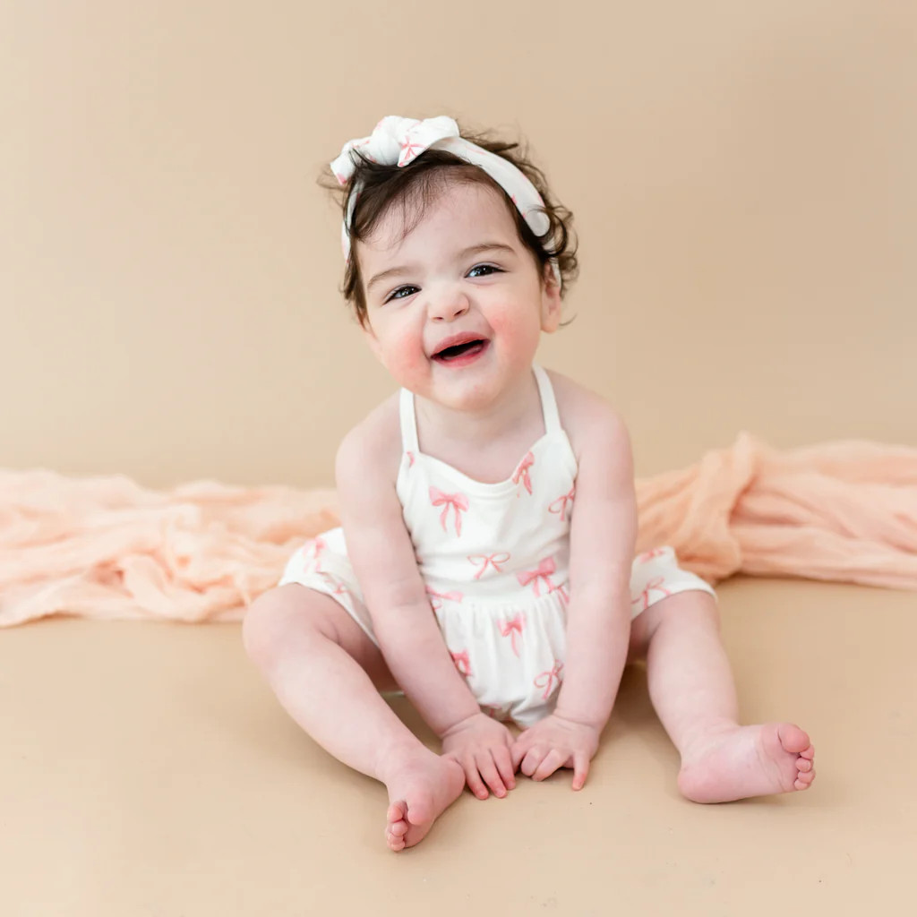 Spaghetti Strap Ruffle Romper in Bow | Kyte Baby