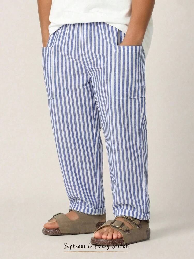 Cozy Pixies Young Boy/Girl Blue & White Striped Elastic Waist Side Pocket Casual Pants, Versatile & Comfortable Striped Pants Beach Pants Cotton Pants Pajama Pants Summer Pants Cotton Clothes | SHEIN