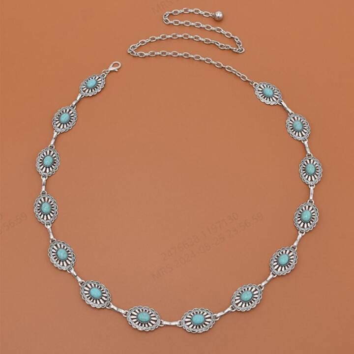 Metallic Silver Turquoise Floral Chain Belt - Zinc Alloy Western Cowgirl College Style Jeans, Dre... | SHEIN