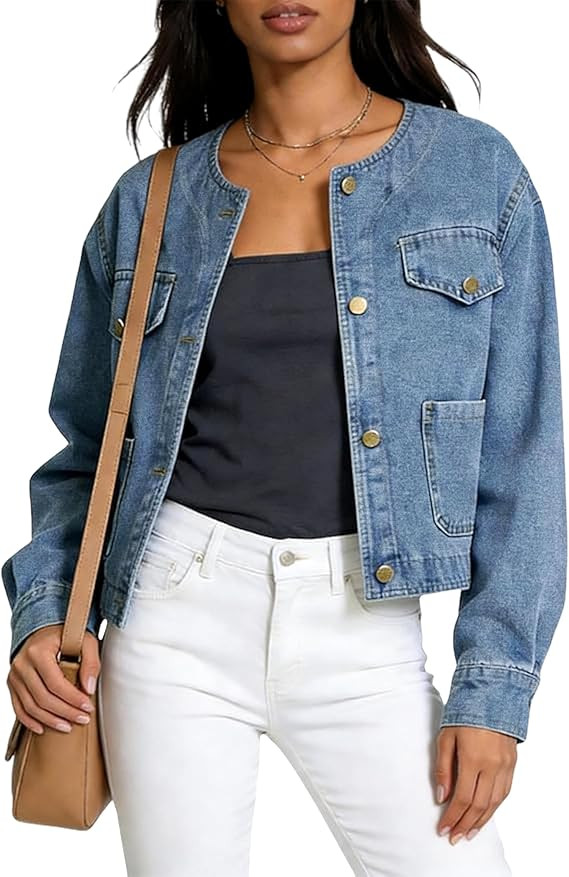 Omoone Women's Short Denim Jacket Spring Summer Long SLeeve Button Down Cropped Jean Jacket with ... | Amazon (US)