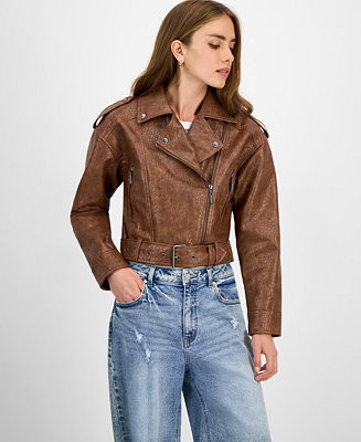 Juniors' Faux-Leather Belted Jacket | Macy's