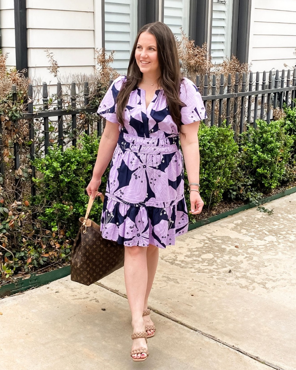 Summer dress / teacher outfit / work outfit / purple floral dress with sleeves / short sleeve dress / braided sandals 

#LTKOver40 #LTKWorkwear #LTKSeasonal