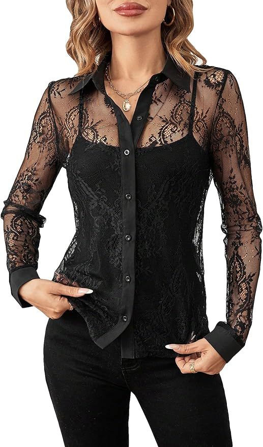 Women's Lace Sheer Long Sleeve Button Down Collar Shirt Tops Sexy Business Casual Blouse Top | Amazon (US)