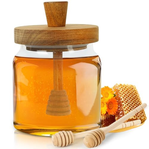 Loscarol Honey Pot with Dipper and Lid - 18oz Glass Honey Jar with Wooden Honey Dippers Stick Set, Wide Mouth Honey Containers - Airtight Syrup Dispenser for Home Kitchen | Amazon (US)