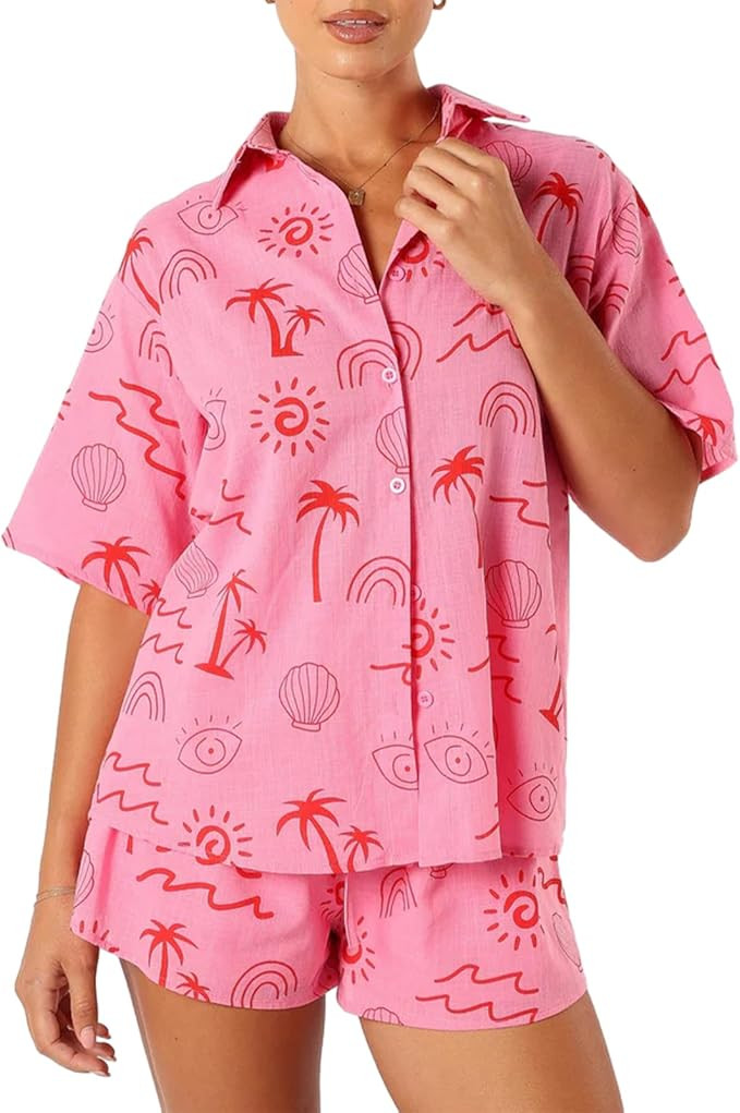 Women 2 Piece Pajamas Outfits Boho Print Short Sleeve Shirt Elastic Waist Shorts Casual Beach Vac... | Amazon (US)