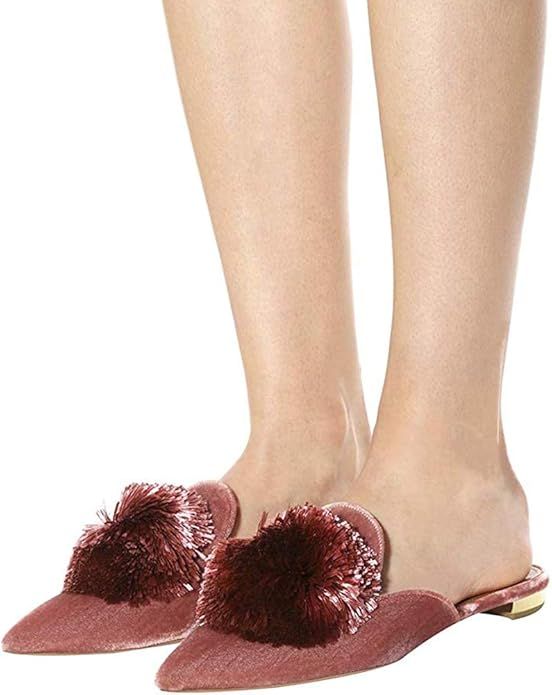 Divanne Mules for Women, Puff Pompom-Embellished Slip On Loafers Backless Pointed Toe Satin Mule ... | Amazon (US)