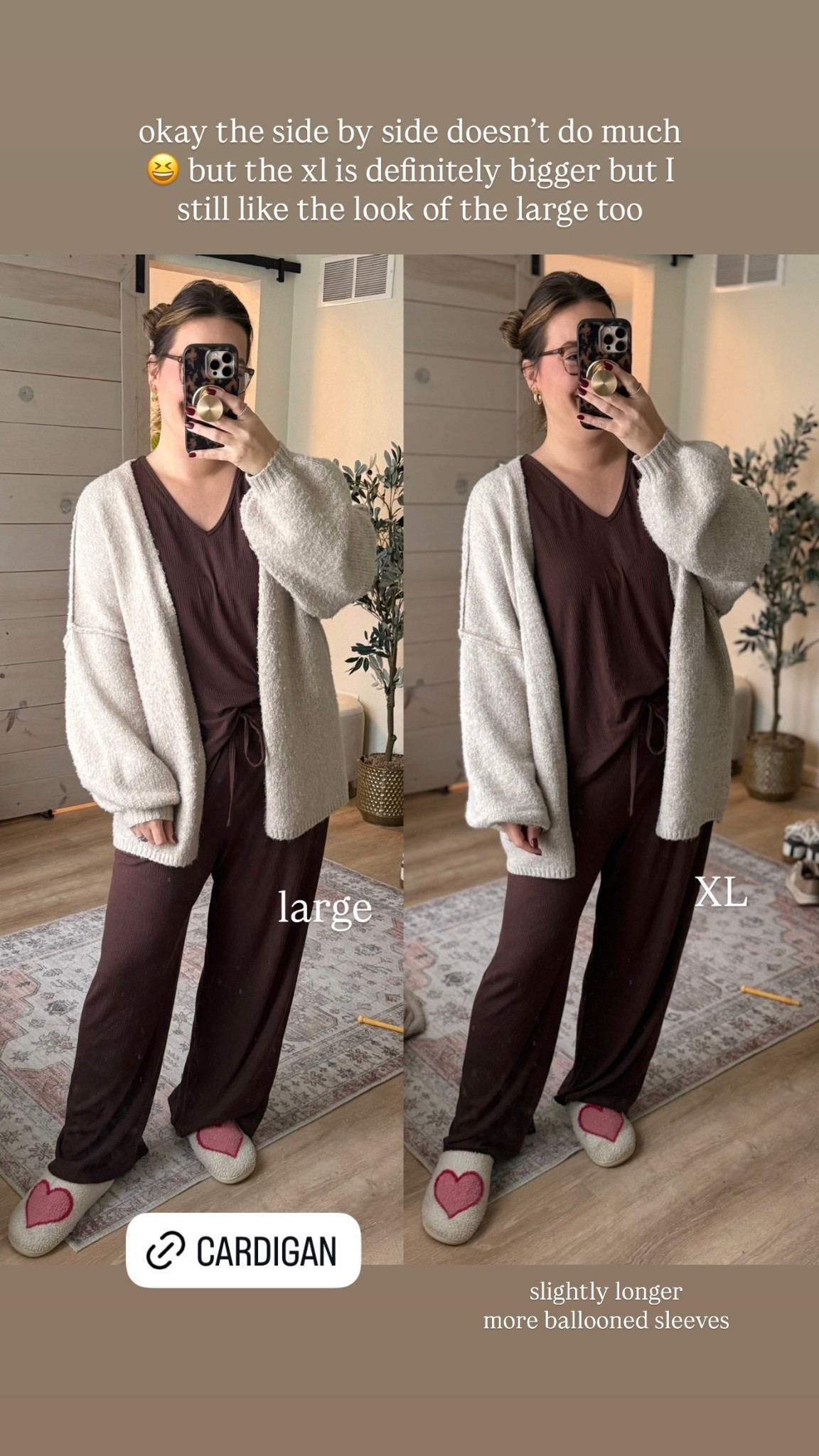 Comparing this cardigan in the size large vs xl. The xl is definitely bigger with more ballooned sleeves and slightly longer but I still like the look of the large too

#LTKStyleTip #LTKMidsize #LTKFindsUnder50