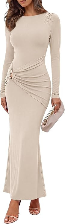 BTFBM Womens Long Sleeve Ruched Slit Maxi Wedding Guest Dress | Amazon (US)