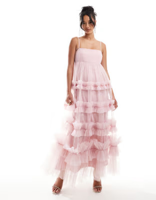 Lace & Beads empire ruffle maxi dress in baby pink | ASOS (Global)