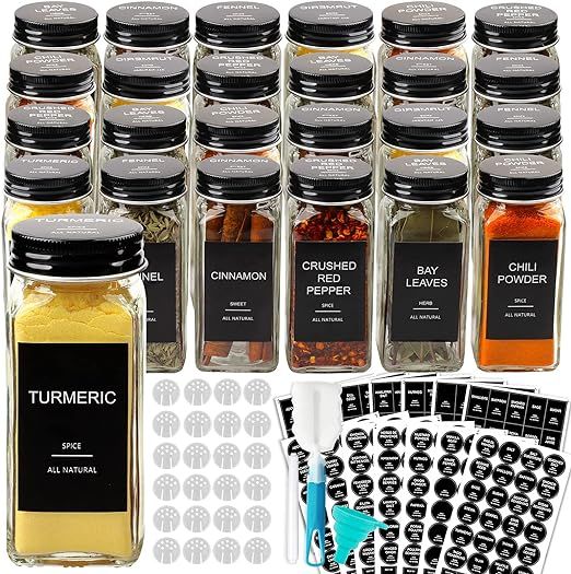 AISIPRIN 24 Pcs Glass Spice Jars with 398 Labels, 4oz Empty Square Containers Seasoning Bottles -... | Amazon (US)