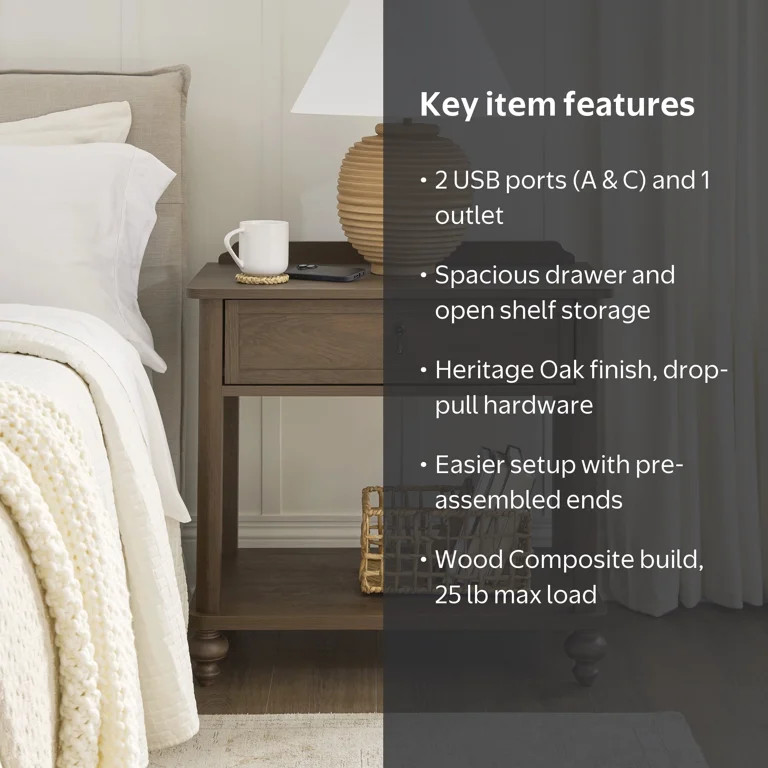 My Texas House Hartwell 1-Drawer Nightstand with USB and Outlet, Heritage Oak Finish | Walmart (US)