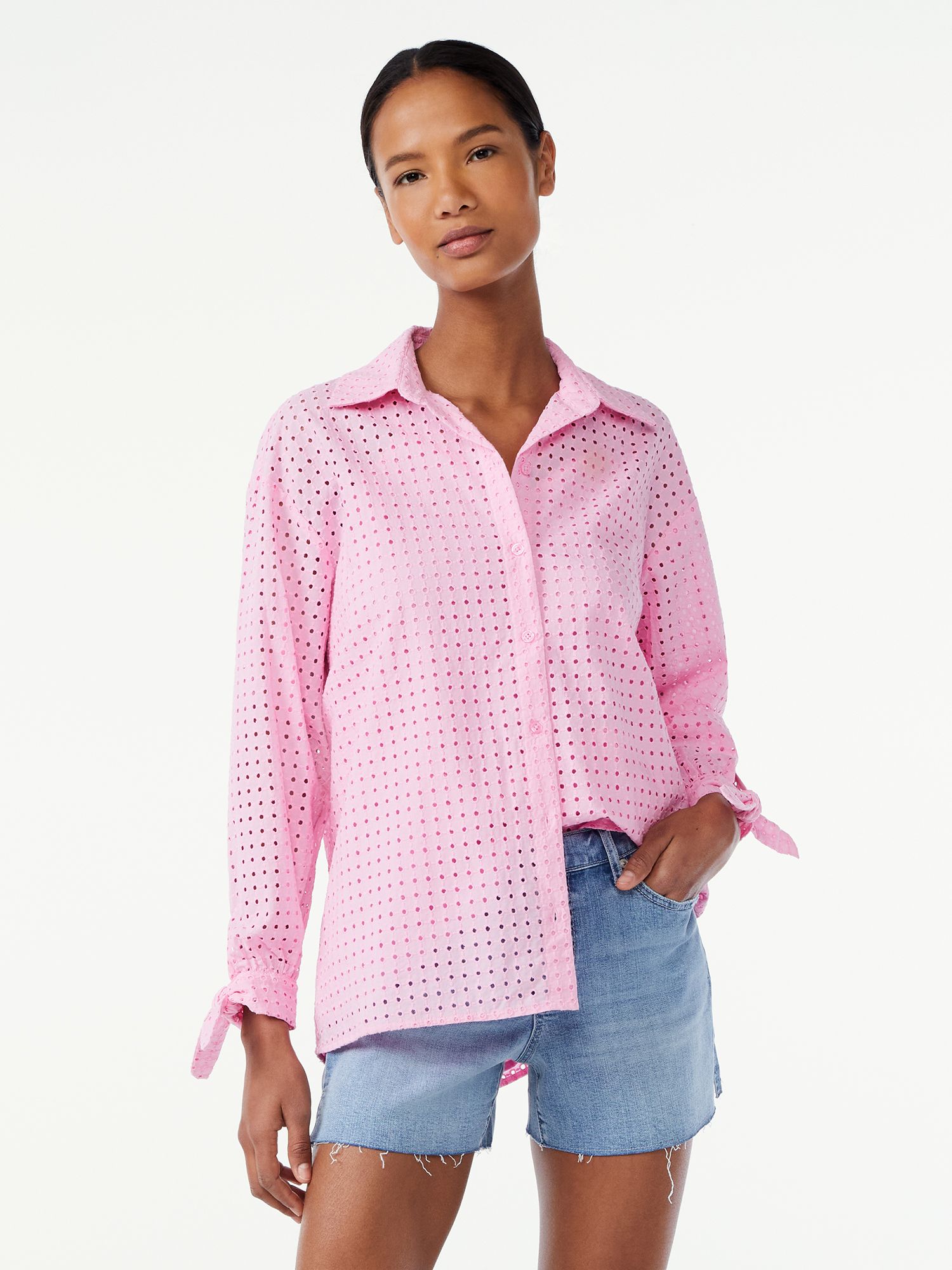 Scoop Women's Eyelet Blouse with Long Sleeves - Walmart.com | Walmart (US)