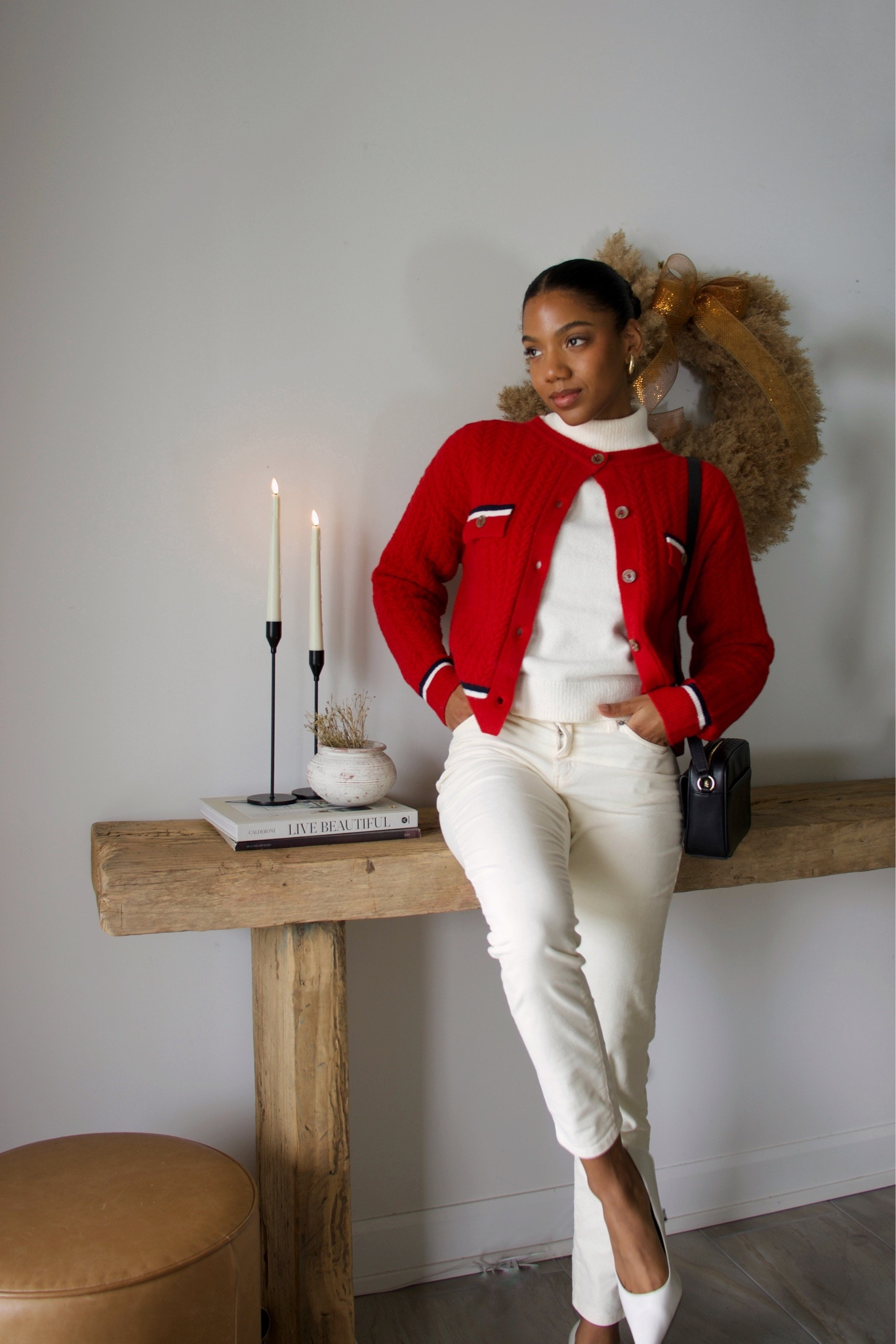 Cardigan- size medium
Sweater - size small
Pants - size 26

Red cardigan | cream corduroy pants | cream mock neck sweater  | Joe fresh clothing | Christmas outfit | holiday outfit |  cable knit cardigan | mock neck pullover | gold water drop earrings | red and white outfit | preppy outfit idea | preppy holiday outfit | black crossbody bag | Michael Kors bag | Christmas party | Christmas decor | flameless battery tapered candles | realistic flawless candles | amazon flawless candles | matte black candle holders

#LTKSeasonal #LTKHoliday