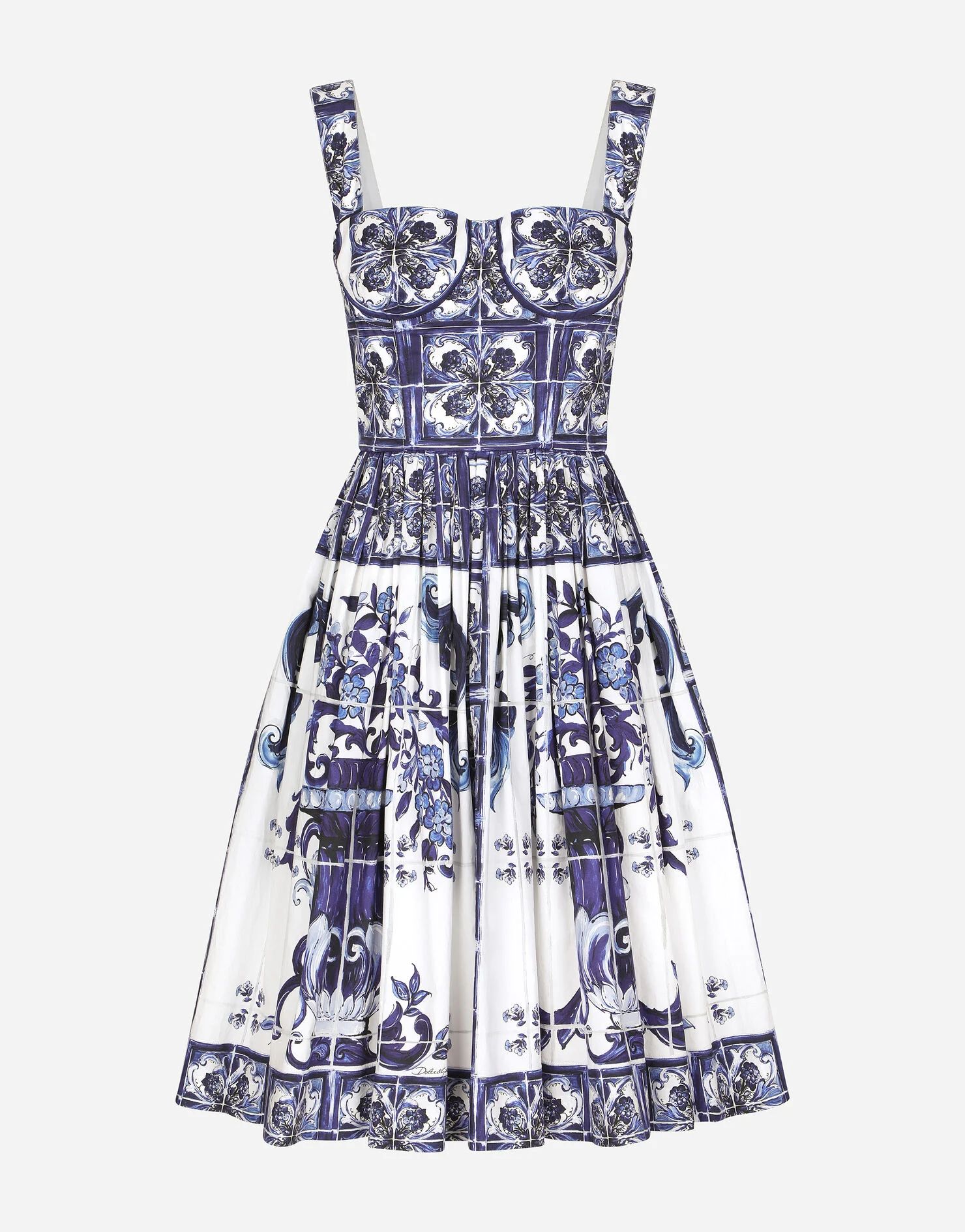 Bustier midi dress in majolica-print poplin | Dolce & Gabbana US