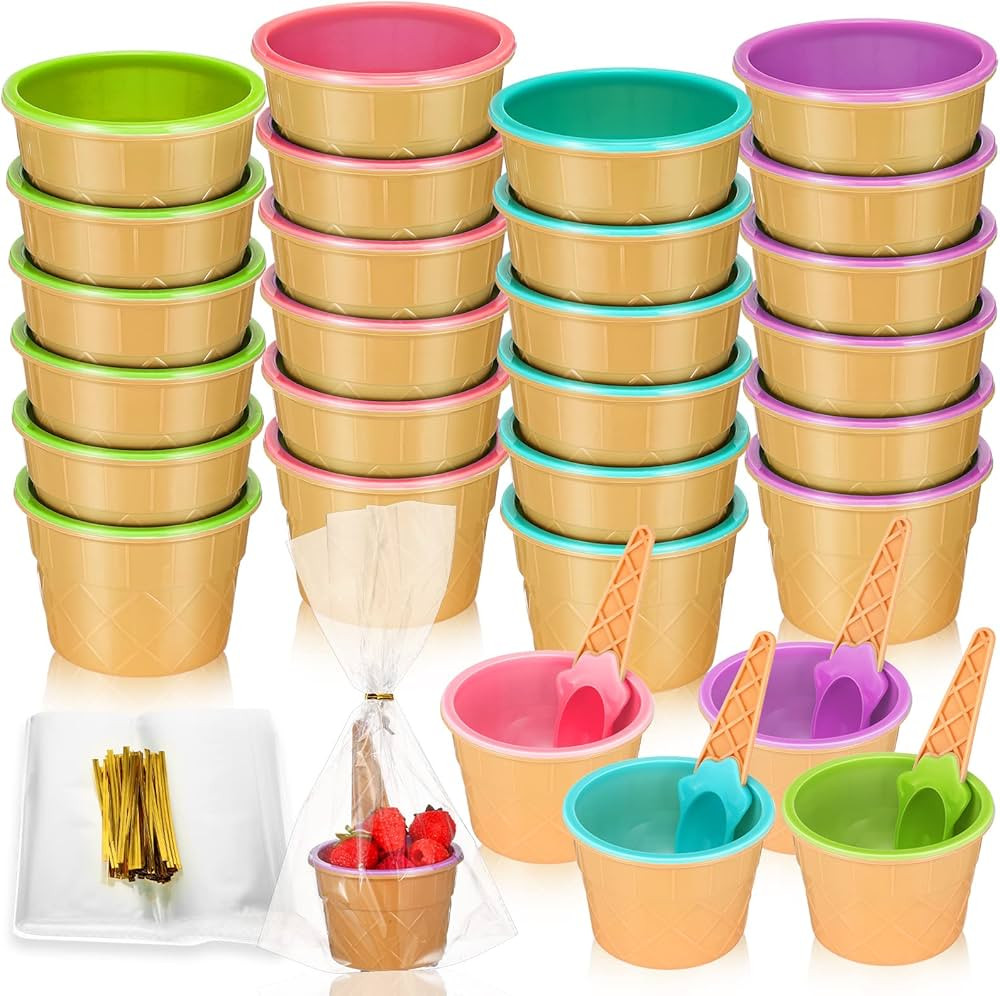 Gerrii 24 Pack Ice Cream Bowls with Spoon Plastic Ice Cream Cups Candy Color Dessert Sundae Froze... | Amazon (US)