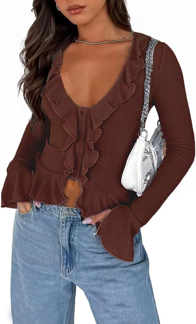 Women's Deep V Neck Long Bell Sleeve Button Down Ruffle Crop Shirt Top Blouses | Amazon (US)