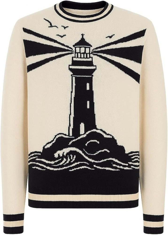 OXKnit Knitted Long Sleeve Shirts for Men, 1960s Mod Style Retro Lighthouse Pattern Beige Crewnec... | Amazon (US)