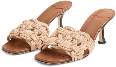 Goolita Summer Woven Raffia Mule Heels For Women, Kitten Heels Open Square Toe Heeled Sandals Bra... | Amazon (US)