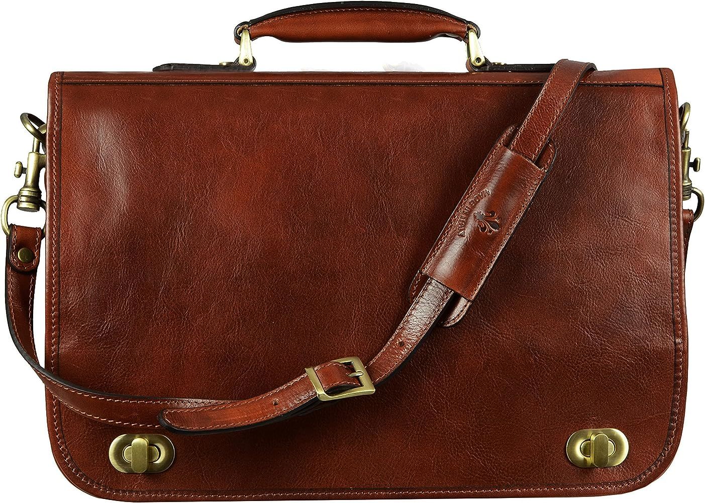 Leather Briefcase for Men Italian Handcrafted Full Grain Messenger Bag for Laptop Dark Brown - Ti... | Amazon (US)