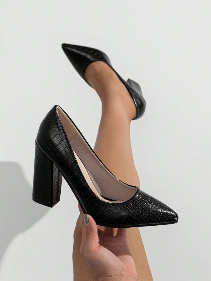 Women's Chunky Heel Pointed Toe Spring/Autumn Slip-On Shoes In Stone Pattern Black, Low-Cut Singl... | SHEIN