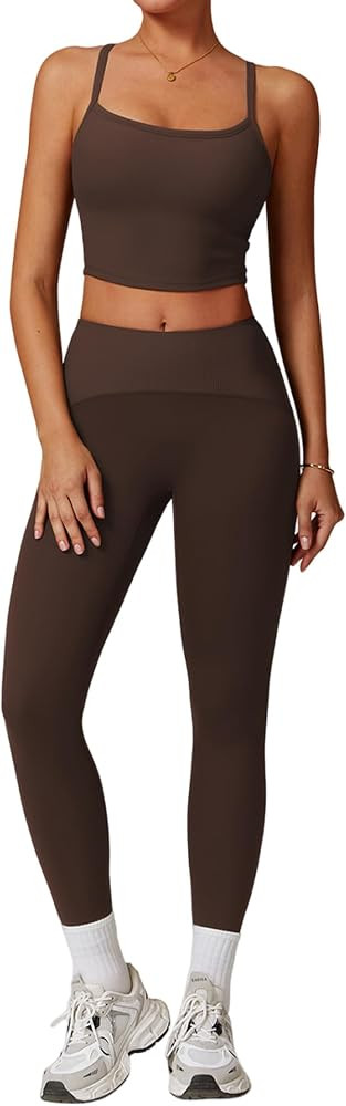 Womens Workout Sets 2 Piece Cross Back Tank Top Matching High Waist Leggings Sets Gym Outfits Wor... | Amazon (US)