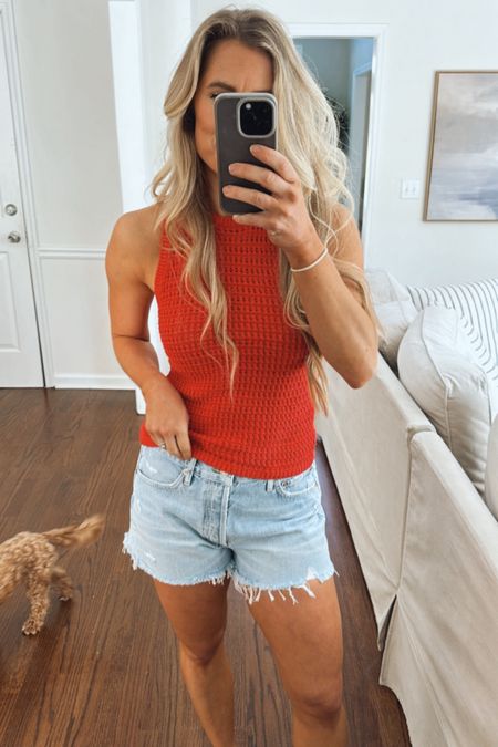 Red open knit tank on sale! Great Casual 4th of July outfit 
Sized down in open knit tank for a more fitted look. Wearing XS

#LTKSeasonal #LTKStyleTip #LTKFindsUnder50
