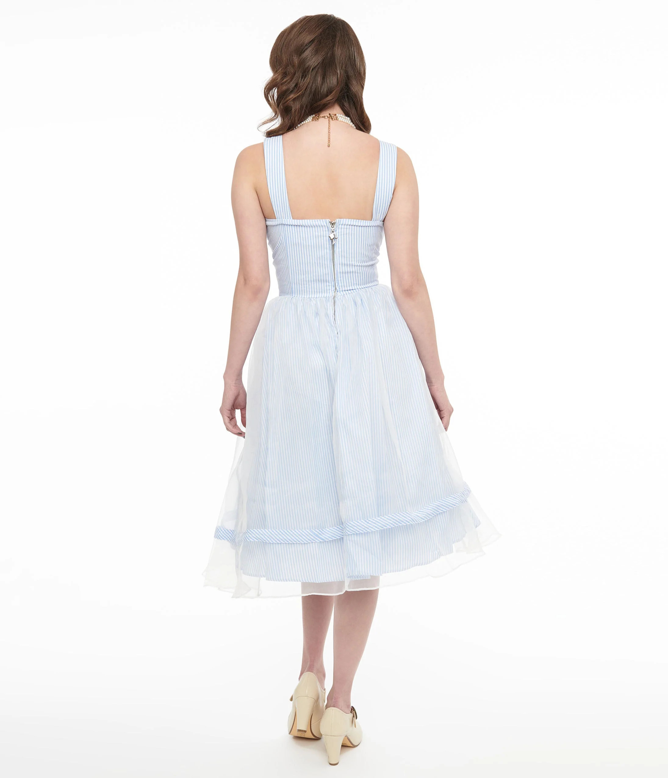 Barbie x Unique Vintage 1960s Blue & White Stripe Movie Date Swing Dress | UniqueVintage