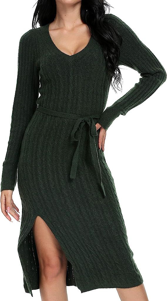 Oshlen Women's Long Sleeve V Neck Sweater Dress Soft Knit | Amazon (US)