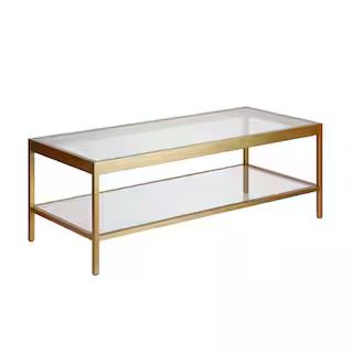 Alexis 45 in. Brass Large Rectangle Glass Coffee Table with Shelf | The Home Depot