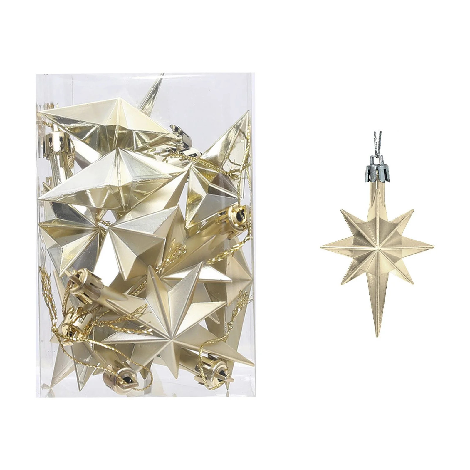 Beige Champagne Plastic Plated Eight Pointed Star Christmas Tree Hanging Ornament Set Of 12 Holid... | Walmart (US)