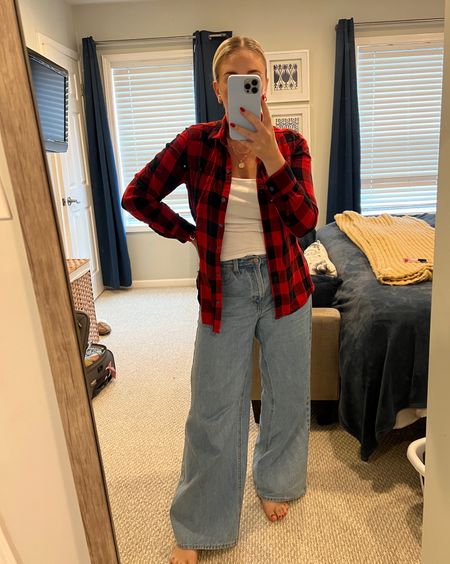 Fall outfit with plaid shirt and wide leg old navy jeans. Wearing a size 6-only a small bit of stretch 

#LTKSeasonal #LTKfindsunder50 #LTKstyletip