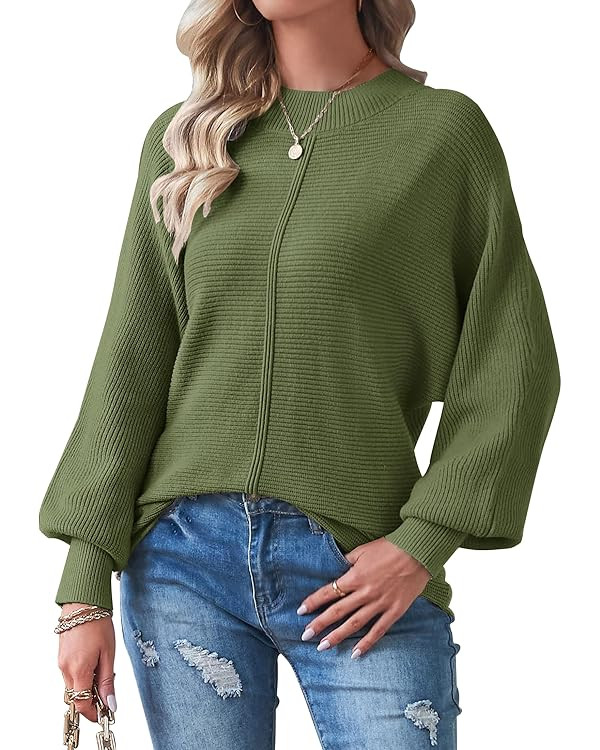 TECREW Women's Batwing Long Sleeve Crew Neck Pullover Sweater Soft Ribbed Knit Sweater Top | Amazon (US)
