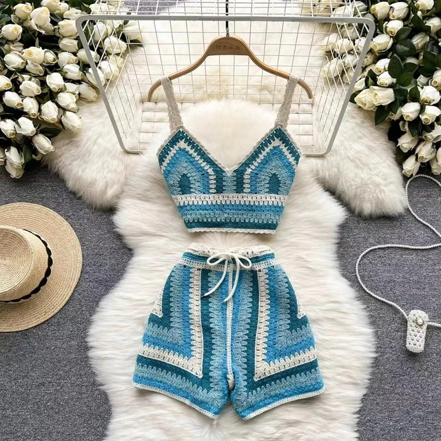 Crochet Two Piece Set Woman Summer see through Tank Tops Beachwear Boho Style Womens Sweet Knit W... | AliExpress (US)