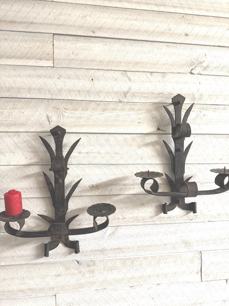 French antique iron candlestick holder 2 candles rusty decoration wall hanging | Etsy (US)