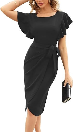 HELYO Women's Elegant V-Back Ruffle Sleeve Sheath Dresses Belted Ruched Elegant Casual Work Cockt... | Amazon (US)