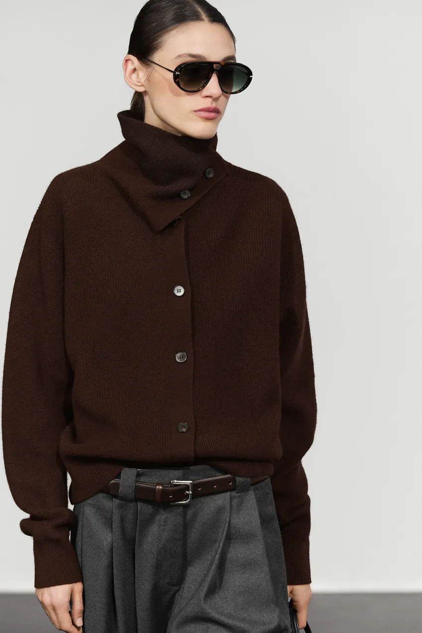 Purl knit funnel neck cardigan - Chocolate | Massimo Dutti US